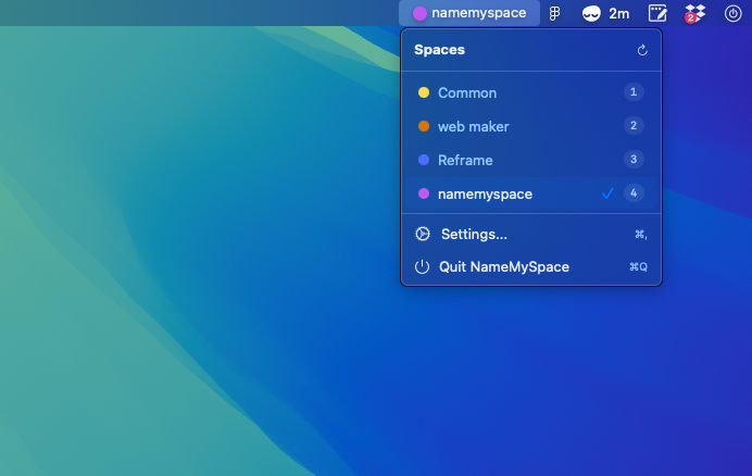 NameMySpace menu showing named spaces with color indicators